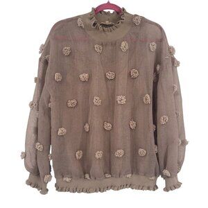 Entro Sheer Women’s Size M Biege Long Sleeve Blouse Pom Pom Details Smocked